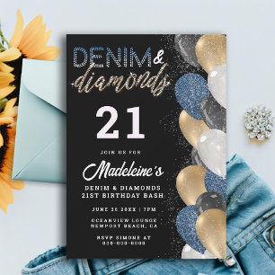 Denim Diamonds Balloons Arch Modern 21. Geburtstag Einladung