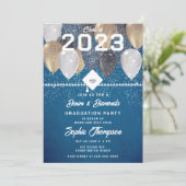 Denim Diamonds Balloons Blue Chic Graduation Party Einladung (Stehend Vorderseite)