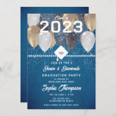 Denim Diamonds Balloons Blue Chic Graduation Party Einladung (Vorne/Hinten)