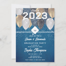 Denim Diamonds Balloons Blue Chic Graduation Party Einladung
