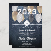 Denim Diamonds Balloons Glitzern Graduation Party Einladung (Vorne/Hinten)