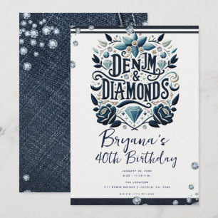 Denim & Diamonds Bestickte Florale Geburtstagsfeie Einladung