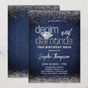 Denim Diamonds Blau Weiße Elegante 70. Geburtstag Einladung