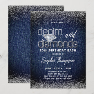 Denim Diamonds Blau Weiße Elegante 80. Geburtstag Einladung