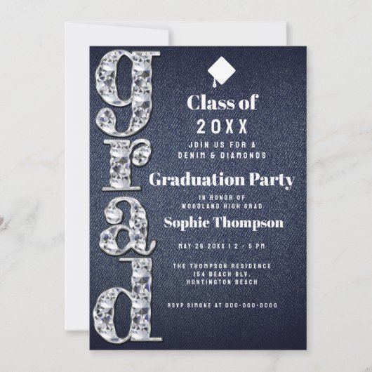 Denim Diamonds Bling 2023 Chic Graduation Party Einladung (Vorderseite)