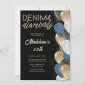 Denim Diamonds Bling Balloons Black 30. Geburtstag Einladung (Vorderseite)
