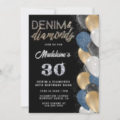 Denim Diamonds Bling Balloons Black Birthday Party Einladung (Vorderseite)