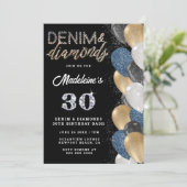 Denim Diamonds Bling Balloons Black Birthday Party Einladung (Stehend Vorderseite)