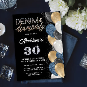 Denim Diamonds Bling Balloons Black Birthday Party Einladung