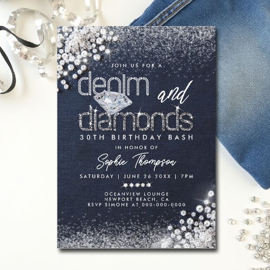 Denim Diamonds Bling Classy 30. Geburtstag Party Einladung
