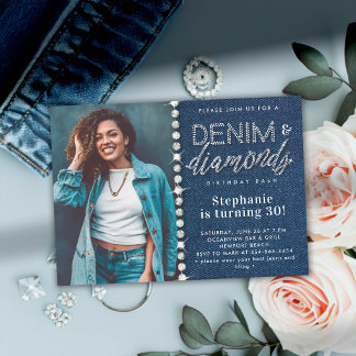 Denim Diamonds Bling Classy Foto 30. Geburtstag Einladung