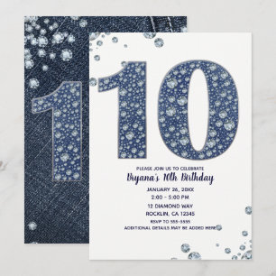 Denim & Diamonds Bling Glitzer 10. 10. Geburtstag Einladung