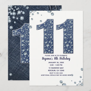 Denim & Diamonds Bling Glitzer 11. 11. Geburtstag Einladung