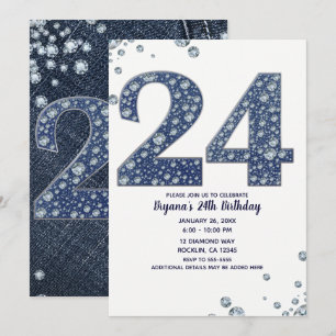 Denim & Diamonds Bling Glitzer 24 24. Geburtstag Einladung
