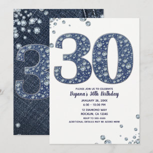 Denim & Diamonds Bling Glitzer 30. 30. Geburtstag Einladung