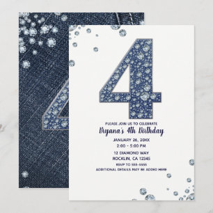 Denim & Diamonds Bling Glitzer 4. 4. Geburtstag Einladung