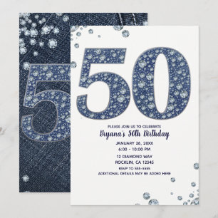 Denim & Diamonds Bling Glitzer 50ER 50. Geburtstag Einladung