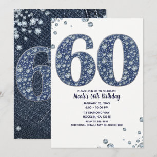 Denim & Diamonds Bling Glitzer 60ER 60. Geburtstag Einladung