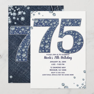 Denim & Diamonds Bling Glitzer 75. 75. Geburtstag Einladung