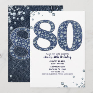 Denim & Diamonds Bling Glitzer 80er 80. Geburtstag Einladung