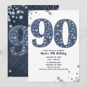 Denim & Diamonds Bling Glitzer 90ER 90. Geburtstag Einladung