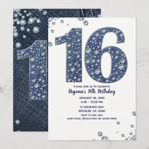 Denim & Diamonds Bling Glitzer Sweet 16 Geburtstag Einladung