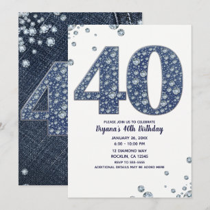 Denim & Diamonds Bling Glitzern 40. 40. Geburtstag Einladung
