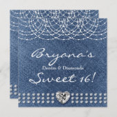 Denim & Diamonds Bling Heart Sweet 16 Party Einladung (Vorne/Hinten)