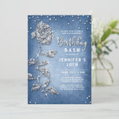 Denim Diamonds Bling Rose White Blue 30. Geburtsta Einladung (Stehend Vorderseite)