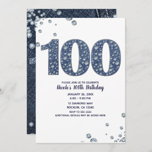 Denim & Diamonds Bling Sparkle 100. 100 Geburtstag Einladung