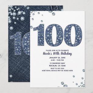 Denim & Diamonds Bling Sparkle 100TH 100 Geburtsta Einladung