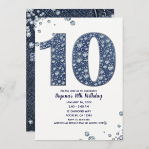Denim & Diamonds Bling Sparkle 10. 10 Geburtstag Einladung