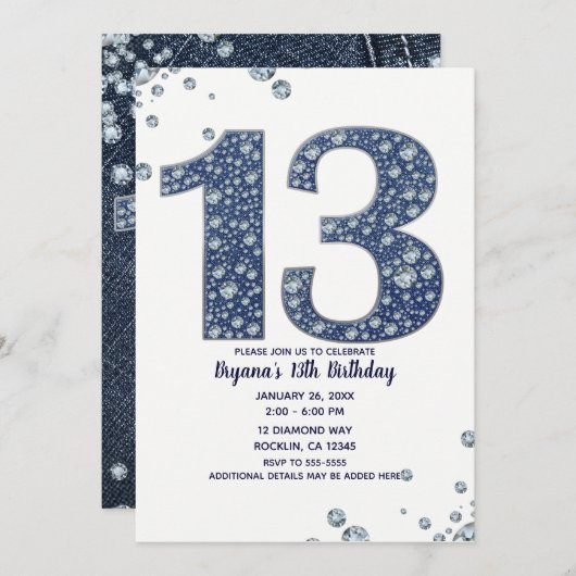 Denim & Diamonds Bling Sparkle 13. 13 Geburtstag Einladung (Vorne/Hinten)