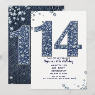 Denim & Diamonds Bling Sparkle 14. 14. Geburtstag Einladung