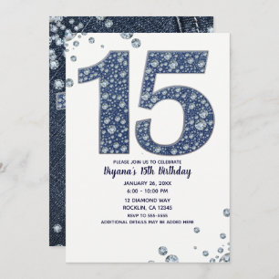 Denim & Diamonds Bling Sparkle 15. 15 Geburtstag Einladung