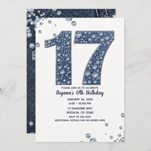 Denim & Diamonds Bling Sparkle 17. 17 Geburtstag Einladung (Vorne/Hinten)