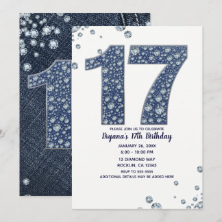 Denim & Diamonds Bling Sparkle 17. 17 Geburtstag Einladung