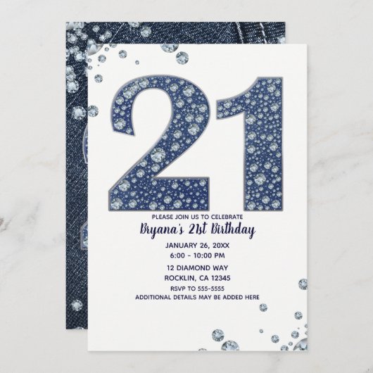 Denim & Diamonds Bling Sparkle 21. 21 Geburtstag Einladung (Vorne/Hinten)
