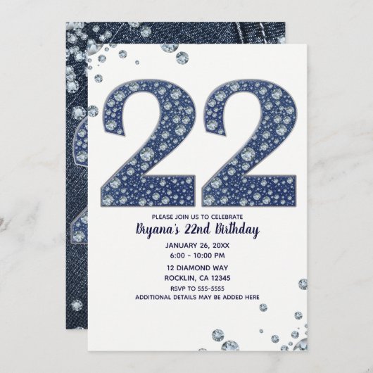 Denim & Diamonds Bling Sparkle 22. Geburtstag Einladung (Vorne/Hinten)