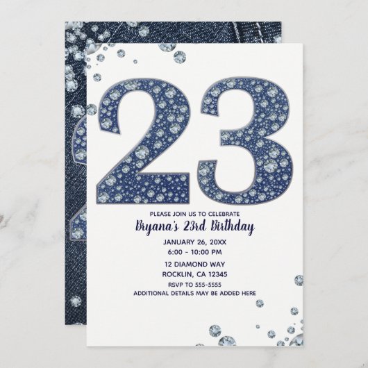 Denim & Diamonds Bling Sparkle 23 23. Geburtstag Einladung (Vorne/Hinten)