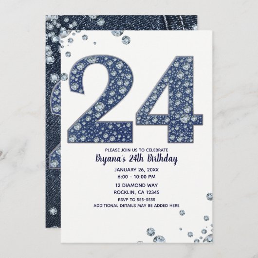 Denim & Diamonds Bling Sparkle 24 24. Geburtstag Einladung (Vorne/Hinten)