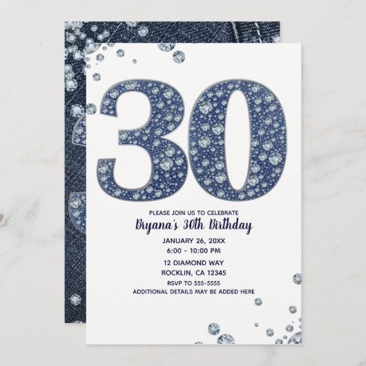 Denim & Diamonds Bling Sparkle 30. 30 Geburtstag Einladung (Vorne/Hinten)