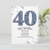 Denim & Diamonds Bling Sparkle 40. 40 Geburtstag Einladung (Stehend Vorderseite)