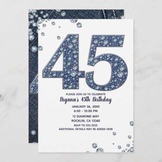 Denim & Diamonds Bling Sparkle 45. 45 Geburtstag Einladung (Vorne/Hinten)