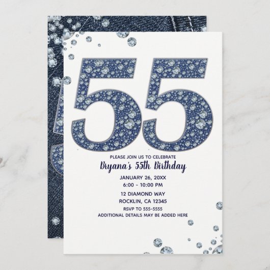 Denim & Diamonds Bling Sparkle 55. 55 Geburtstag Einladung (Vorne/Hinten)