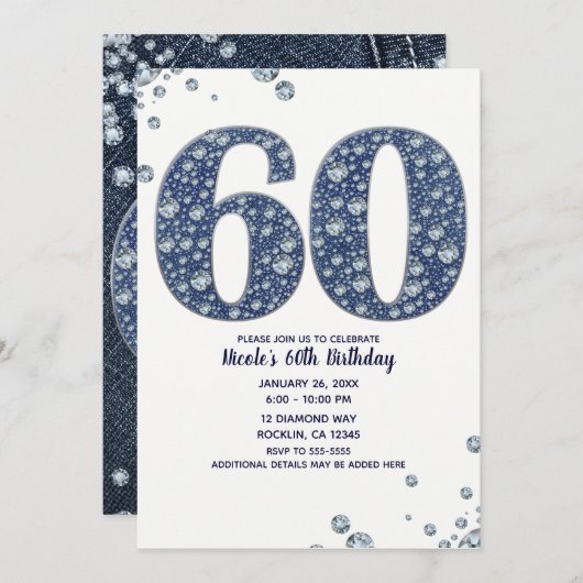 Denim & Diamonds Bling Sparkle 60. 60 Geburtstag Einladung (Vorne/Hinten)