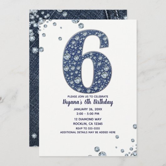 Denim & Diamonds Bling Sparkle 6. Einladung (Vorne/Hinten)
