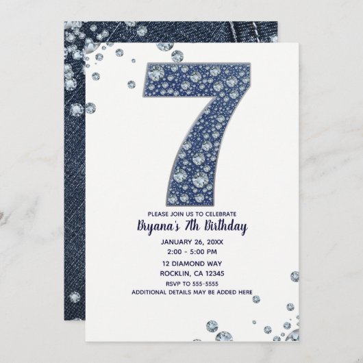 Denim & Diamonds Bling Sparkle 7. 7 Geburtstag Einladung (Vorne/Hinten)