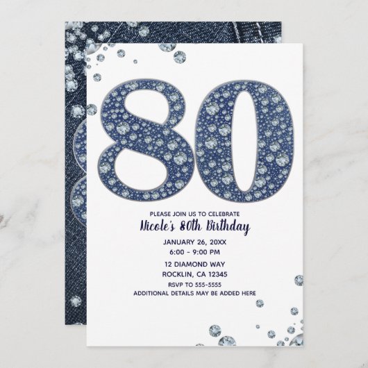 Denim & Diamonds Bling Sparkle 80TH 80 Geburtstag Einladung (Vorne/Hinten)