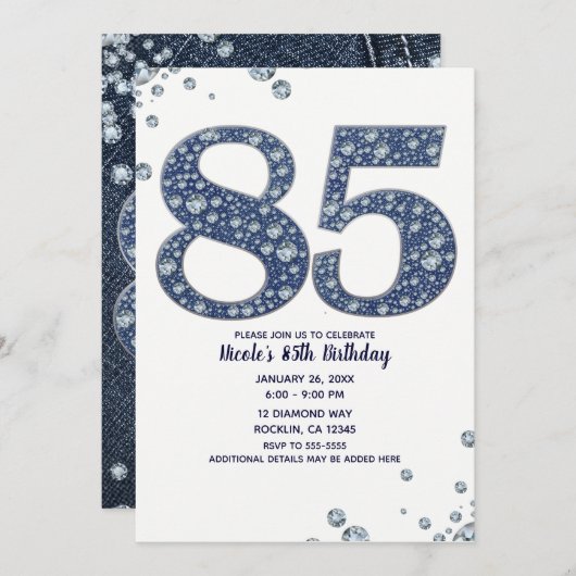 Denim & Diamonds Bling Sparkle 85. 85 Geburtstag Einladung (Vorne/Hinten)